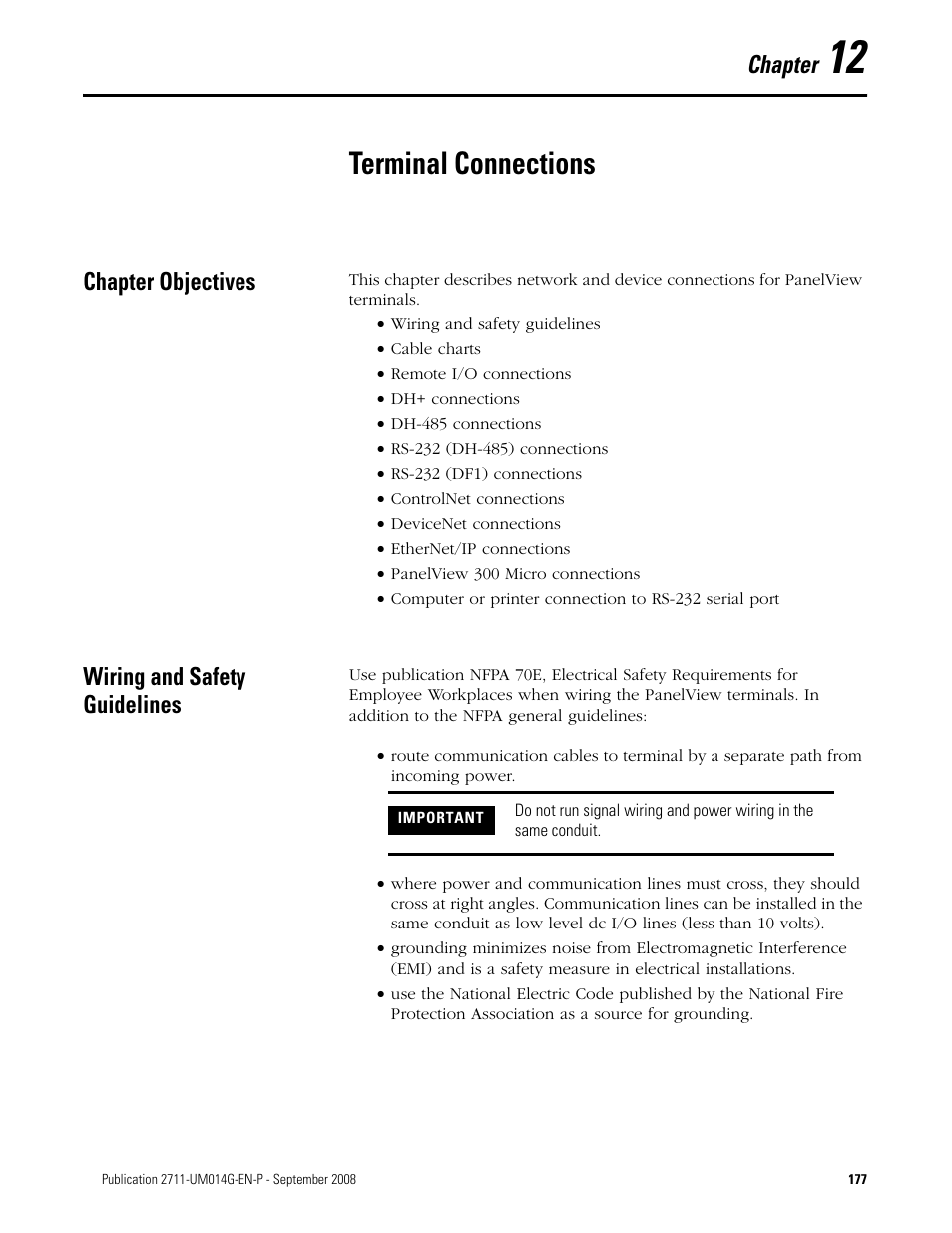 12 - terminal connections, Chapter objectives, Wiring and safety guidelines | Chapter 12, Terminal connections, Chapter objectives wiring and safety guidelines, Chapter | Rockwell Automation 2711 Standard PanelView Operator Terminal User Manual User Manual | Page 177 / 292