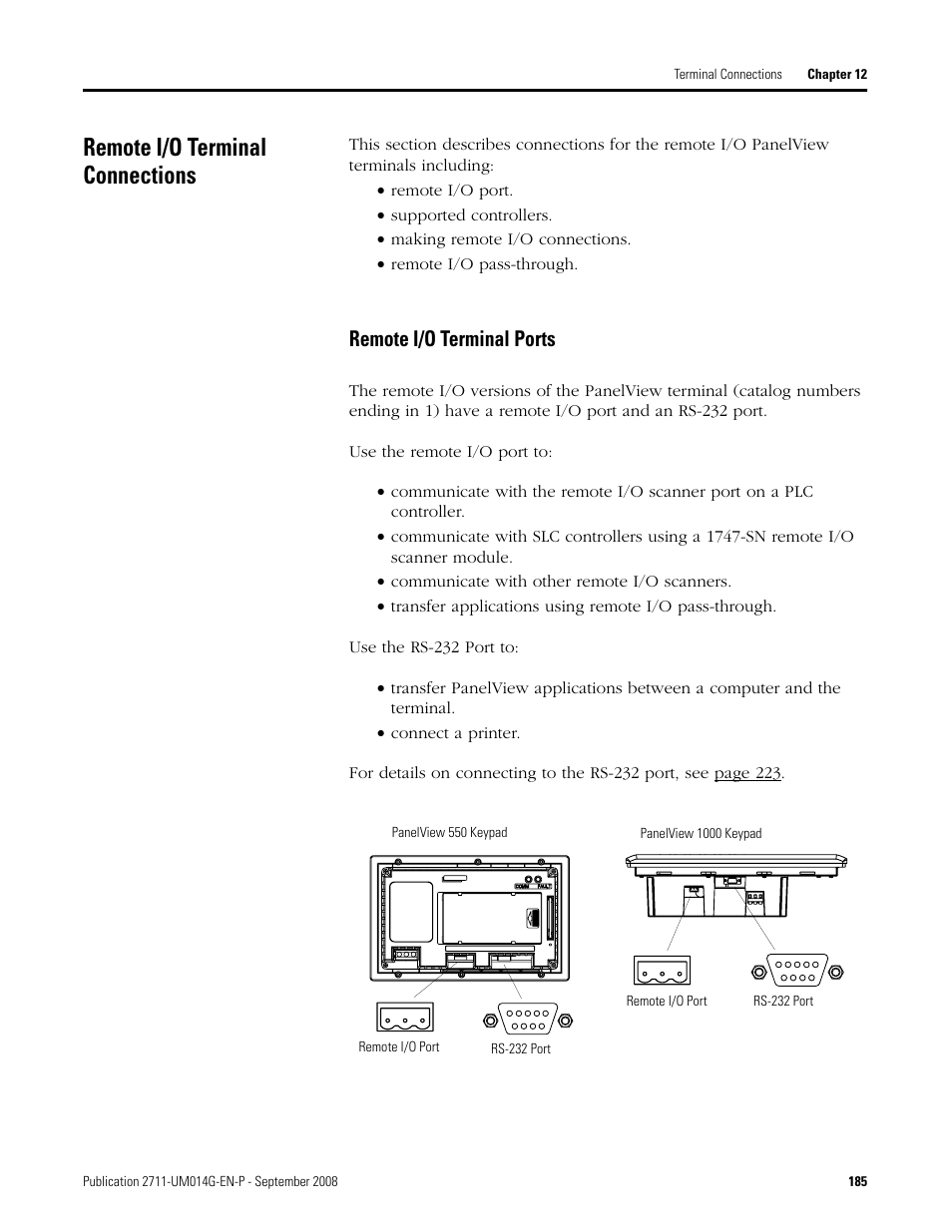 Remote i/o terminal connections, Remote i/o terminal ports | Rockwell Automation 2711 Standard PanelView Operator Terminal User Manual User Manual | Page 185 / 292