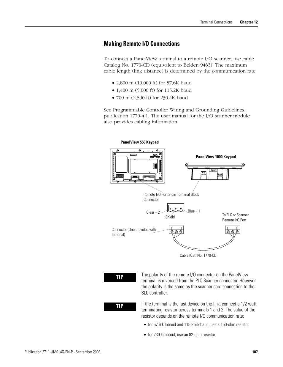 Making remote i/o connections | Rockwell Automation 2711 Standard PanelView Operator Terminal User Manual User Manual | Page 187 / 292