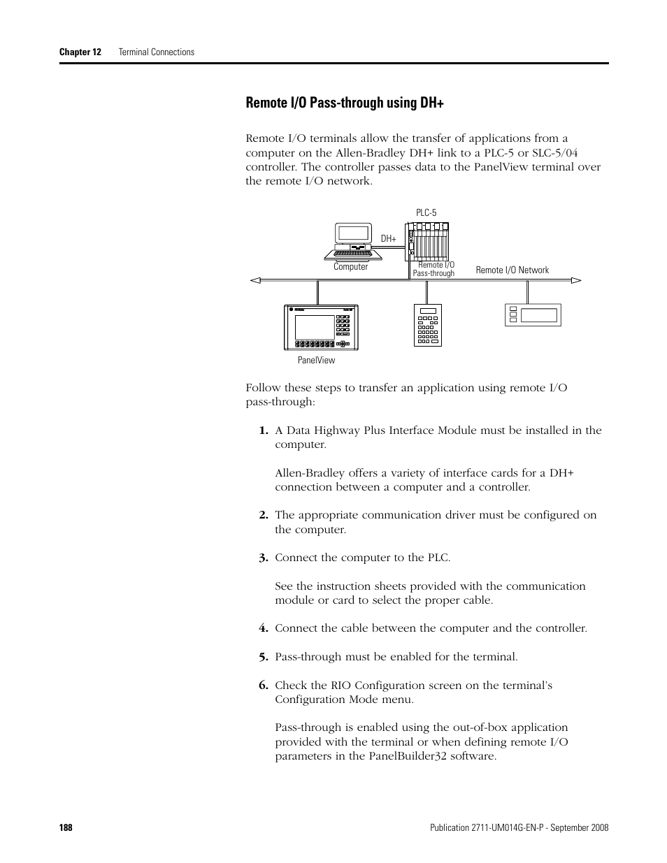 Remote i/o pass-through using dh | Rockwell Automation 2711 Standard PanelView Operator Terminal User Manual User Manual | Page 188 / 292