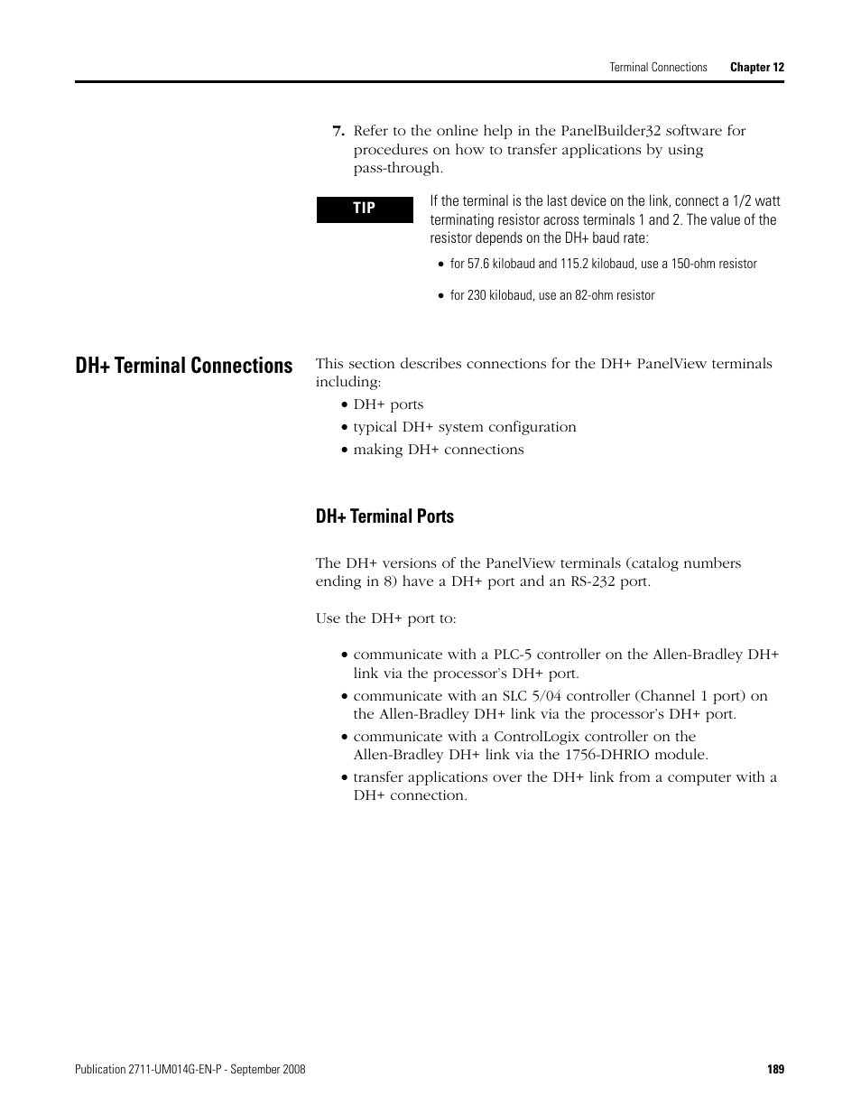 Dh+ terminal connections, Dh+ terminal ports | Rockwell Automation 2711 Standard PanelView Operator Terminal User Manual User Manual | Page 189 / 292