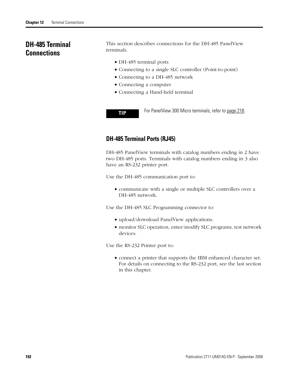 Dh-485 terminal connections, Dh-485 terminal ports (rj45) | Rockwell Automation 2711 Standard PanelView Operator Terminal User Manual User Manual | Page 192 / 292