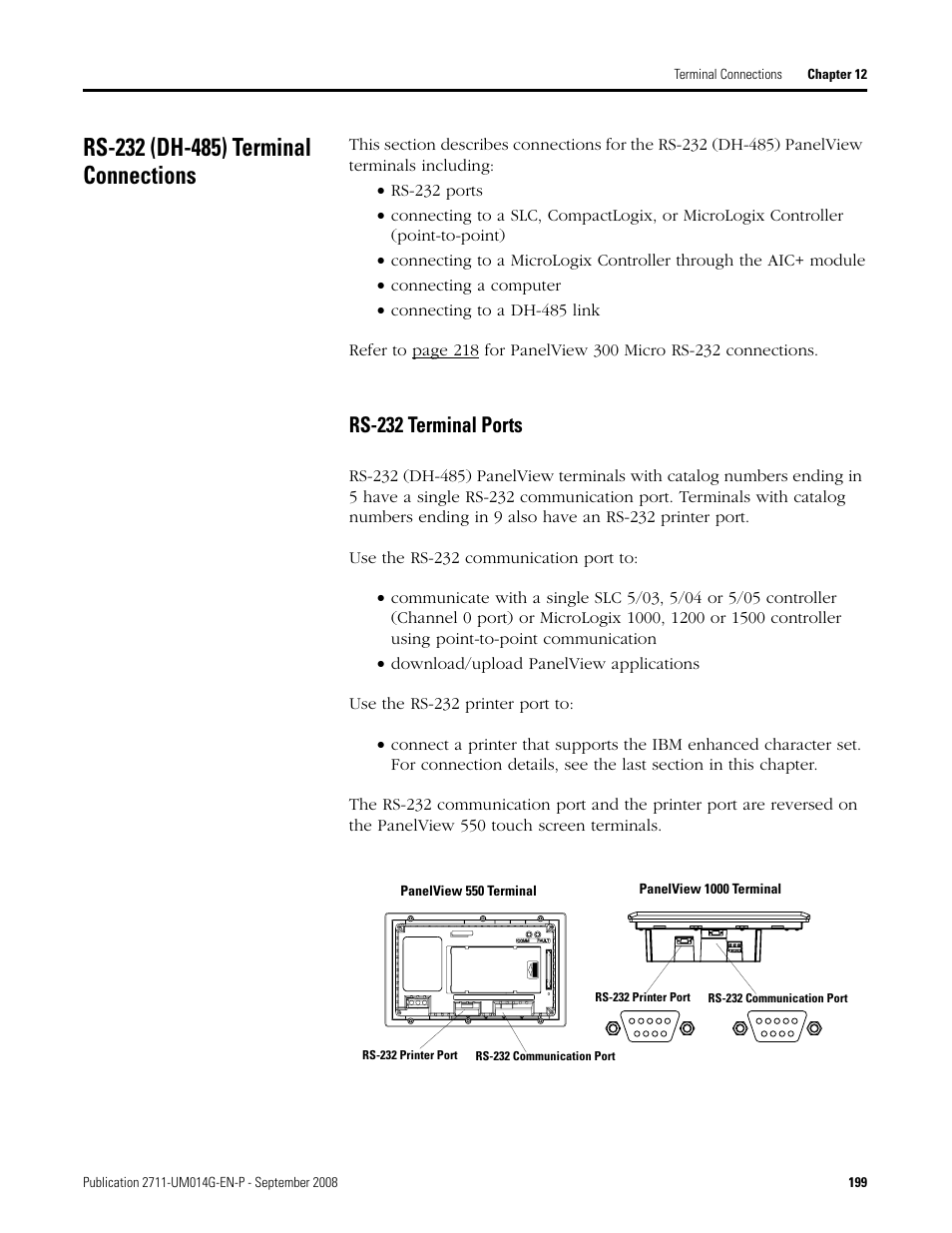 Rs-232 (dh-485) terminal connections, Rs-232 terminal ports | Rockwell Automation 2711 Standard PanelView Operator Terminal User Manual User Manual | Page 199 / 292