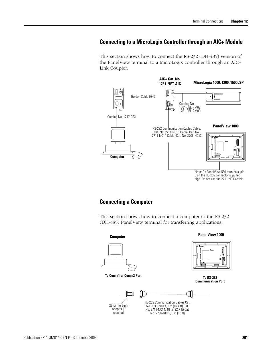 Connecting to a micrologix controller through an, Connecting a computer | Rockwell Automation 2711 Standard PanelView Operator Terminal User Manual User Manual | Page 201 / 292