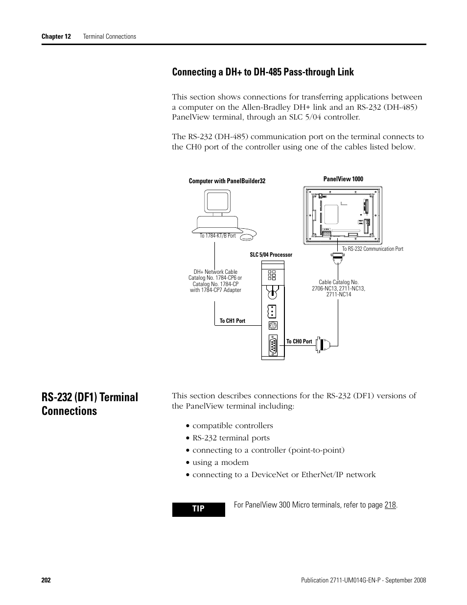 Rs-232 (df1) terminal connections, Connecting a dh+ to dh-485 pass-through link | Rockwell Automation 2711 Standard PanelView Operator Terminal User Manual User Manual | Page 202 / 292