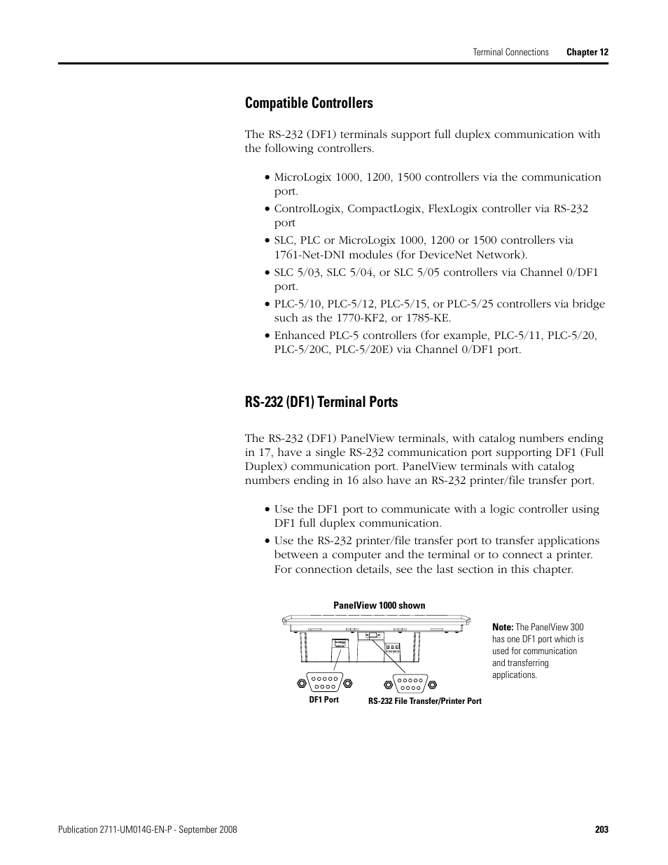 Compatible controllers rs-232 (df1) terminal ports, Compatible controllers, Rs-232 (df1) terminal ports | Rockwell Automation 2711 Standard PanelView Operator Terminal User Manual User Manual | Page 203 / 292