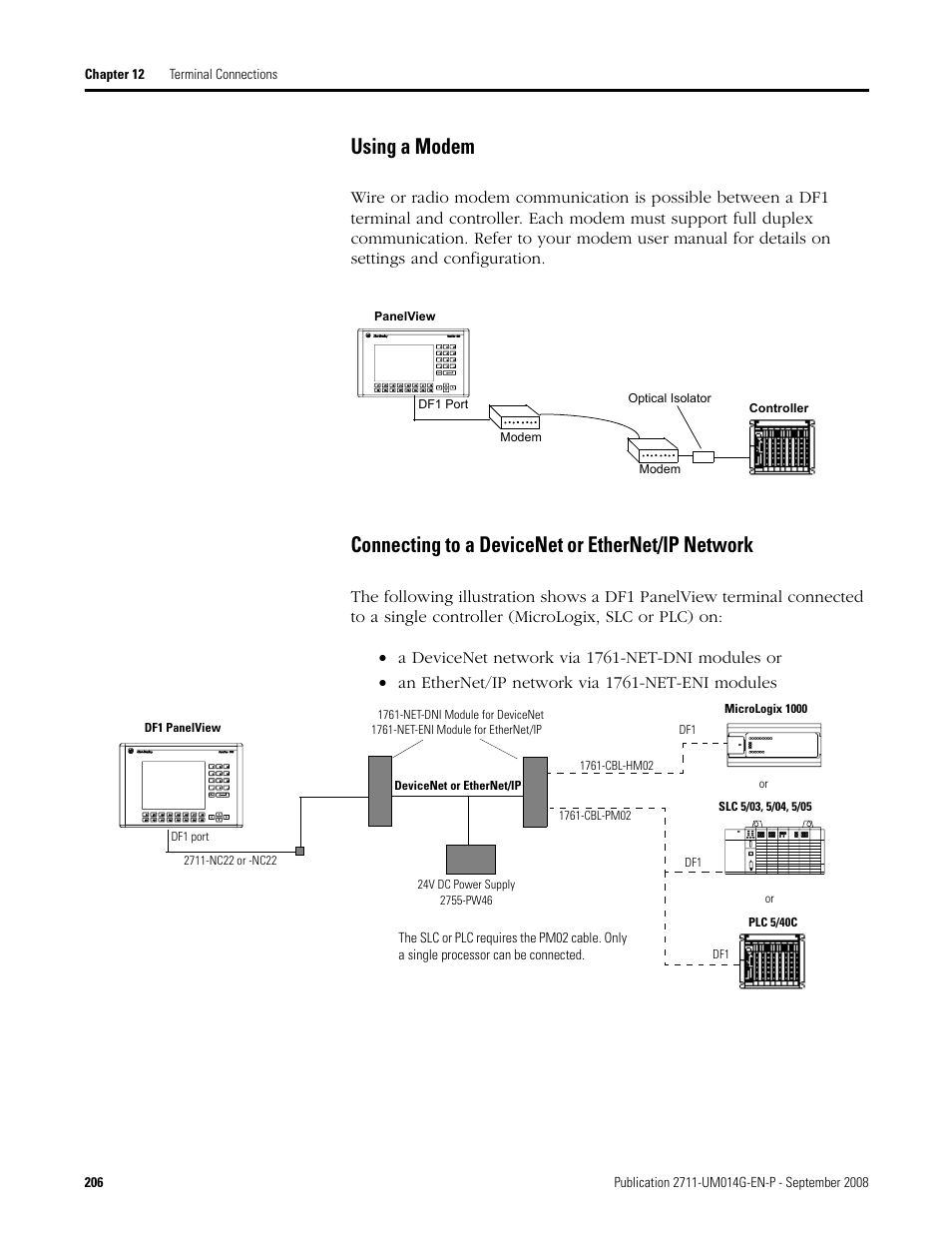 Using a modem, Connecting to a devicenet or ethernet/ip network | Rockwell Automation 2711 Standard PanelView Operator Terminal User Manual User Manual | Page 206 / 292