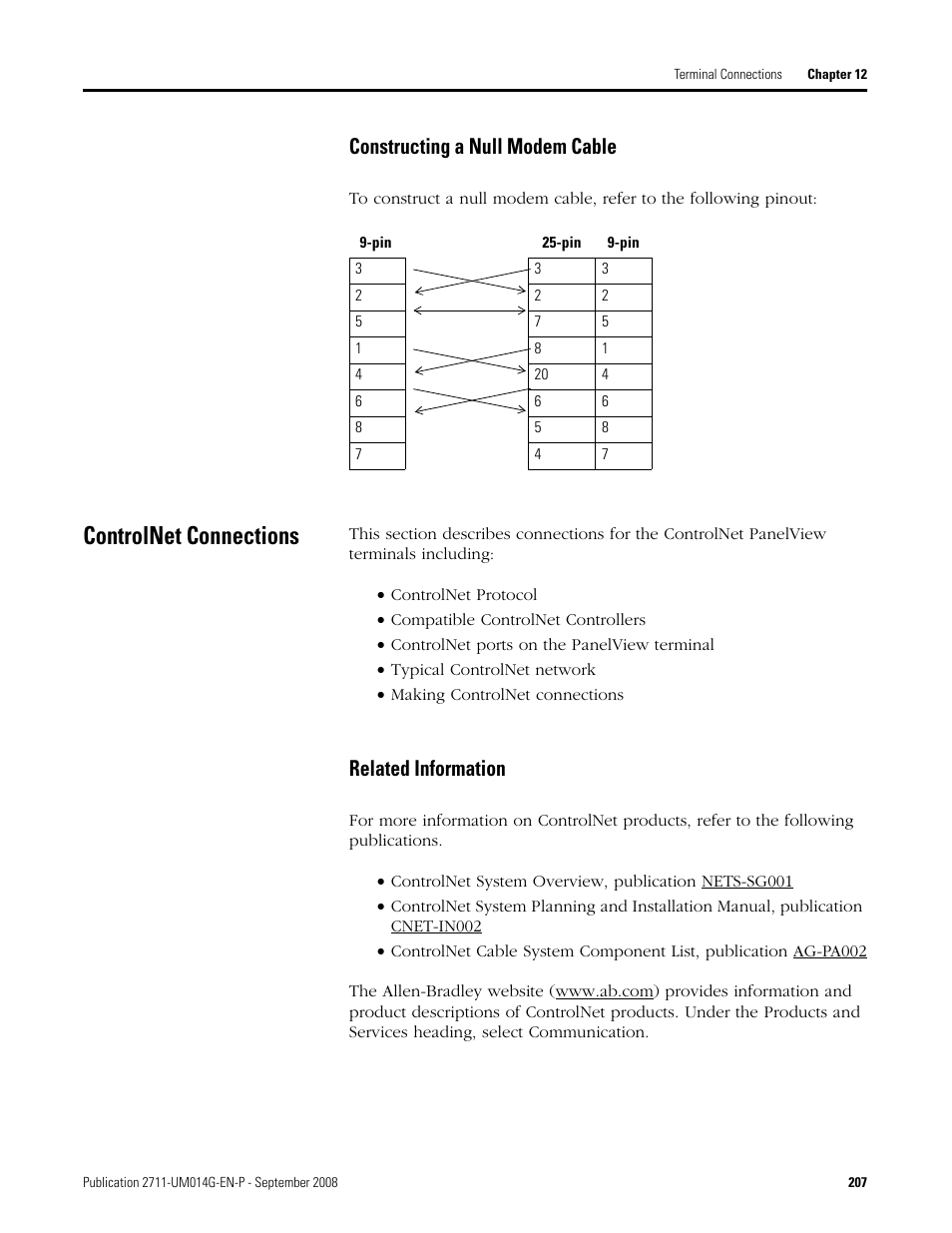 Controlnet connections, Constructing a null modem cable, Related information | Rockwell Automation 2711 Standard PanelView Operator Terminal User Manual User Manual | Page 207 / 292