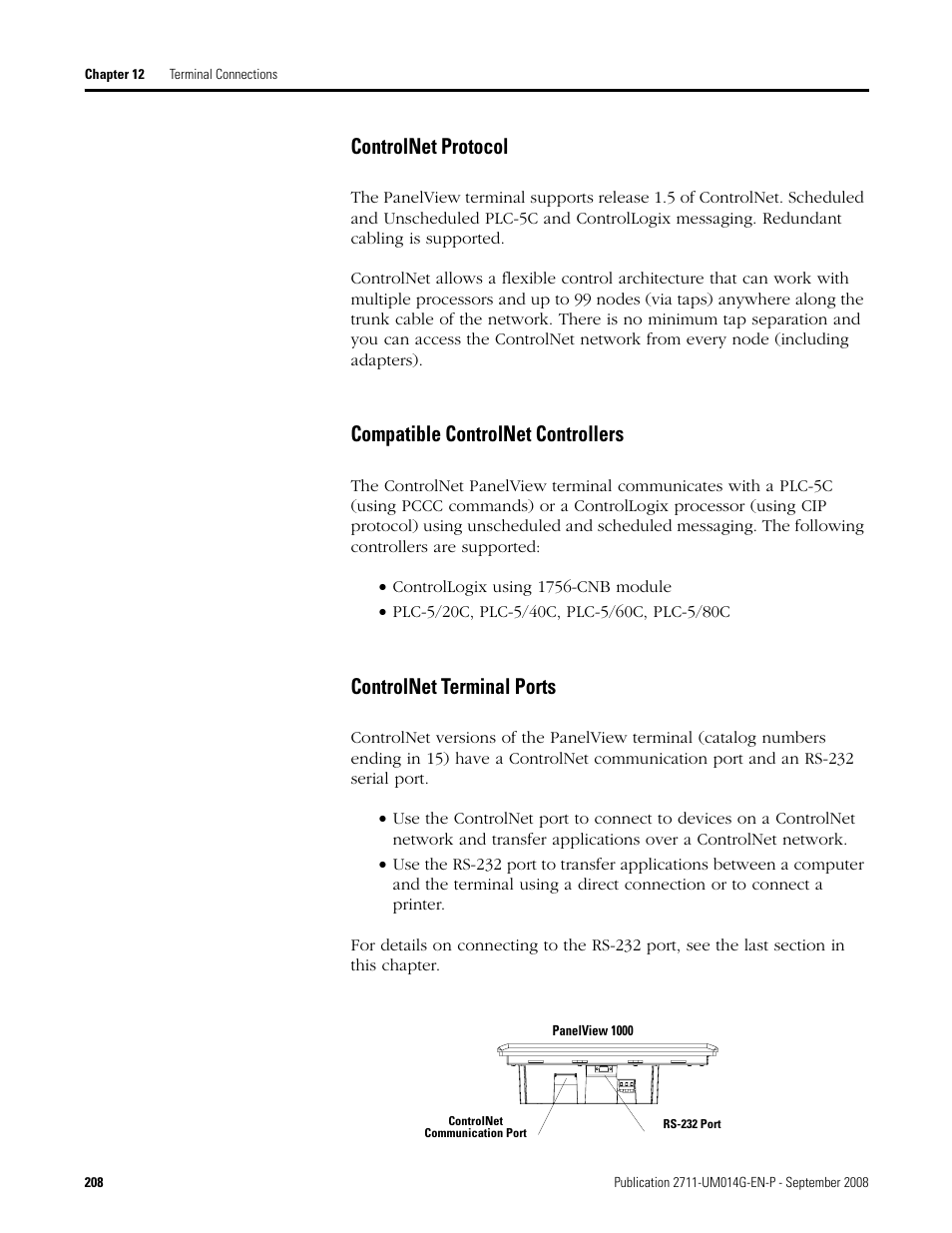 Controlnet protocol, Compatible controlnet controllers, Controlnet terminal ports | Rockwell Automation 2711 Standard PanelView Operator Terminal User Manual User Manual | Page 208 / 292