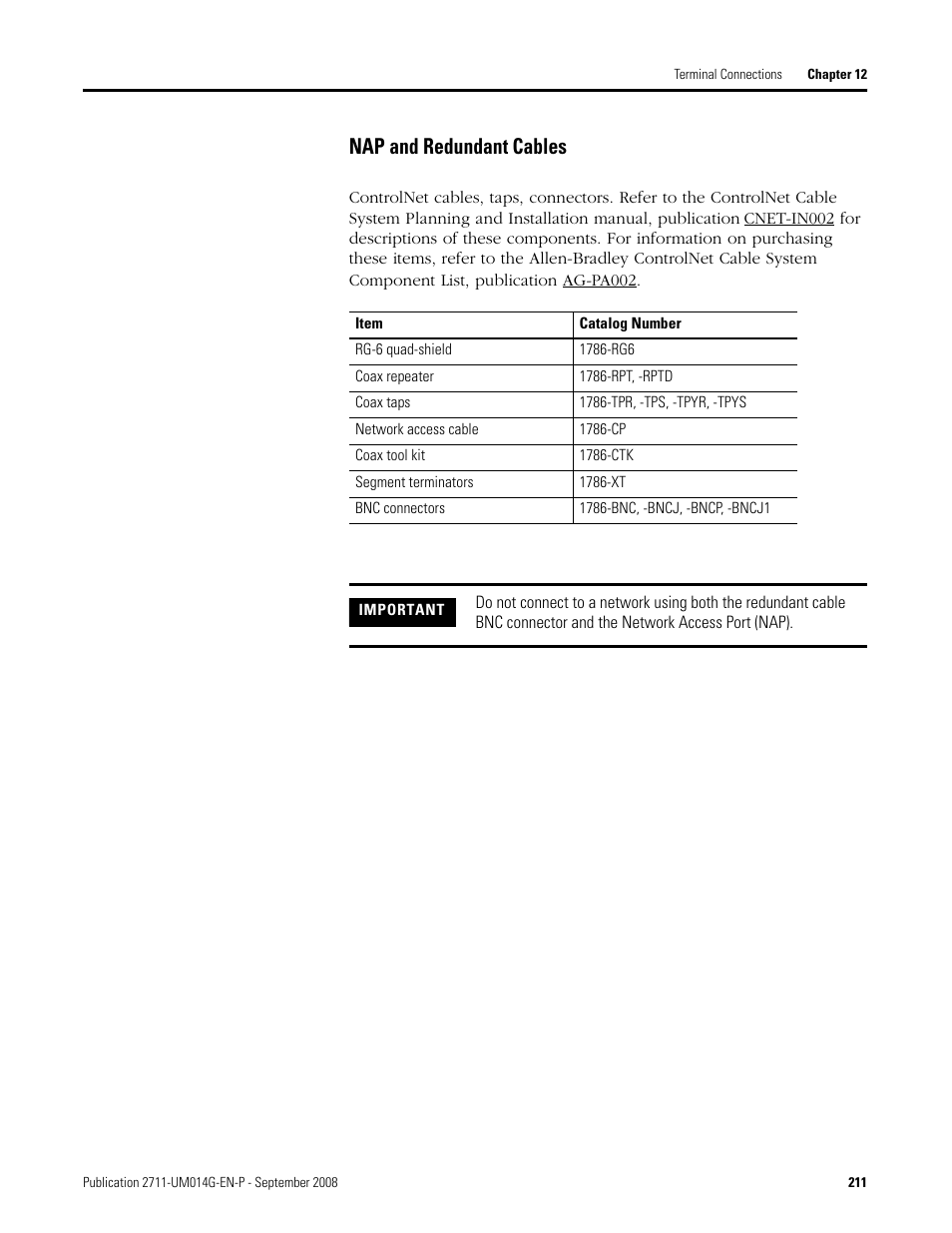 Nap and redundant cables | Rockwell Automation 2711 Standard PanelView Operator Terminal User Manual User Manual | Page 211 / 292