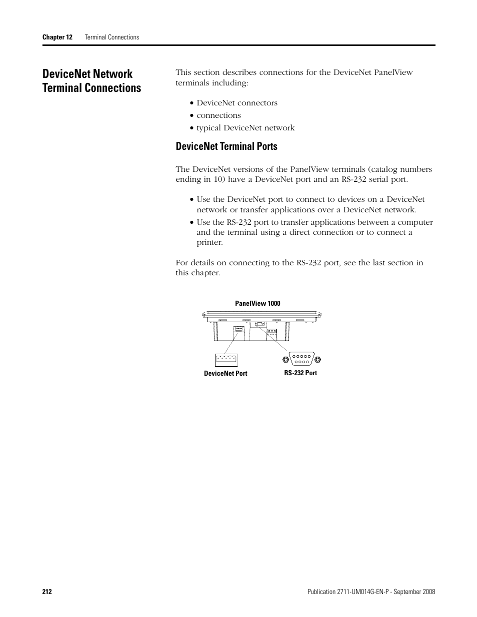 Devicenet network terminal connections, Devicenet terminal ports | Rockwell Automation 2711 Standard PanelView Operator Terminal User Manual User Manual | Page 212 / 292