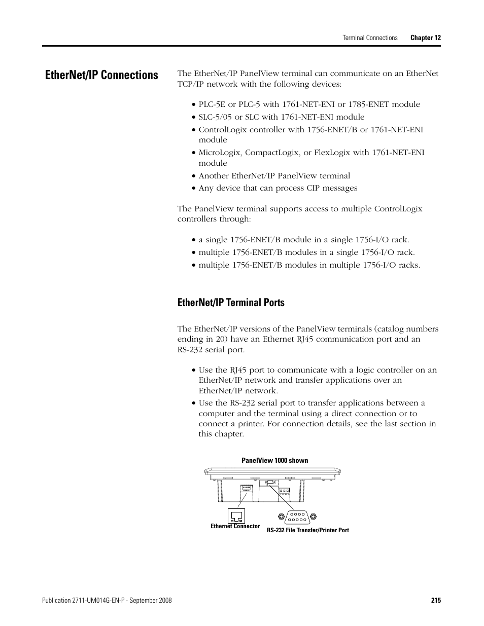 Ethernet/ip connections, Ethernet/ip terminal ports | Rockwell Automation 2711 Standard PanelView Operator Terminal User Manual User Manual | Page 215 / 292