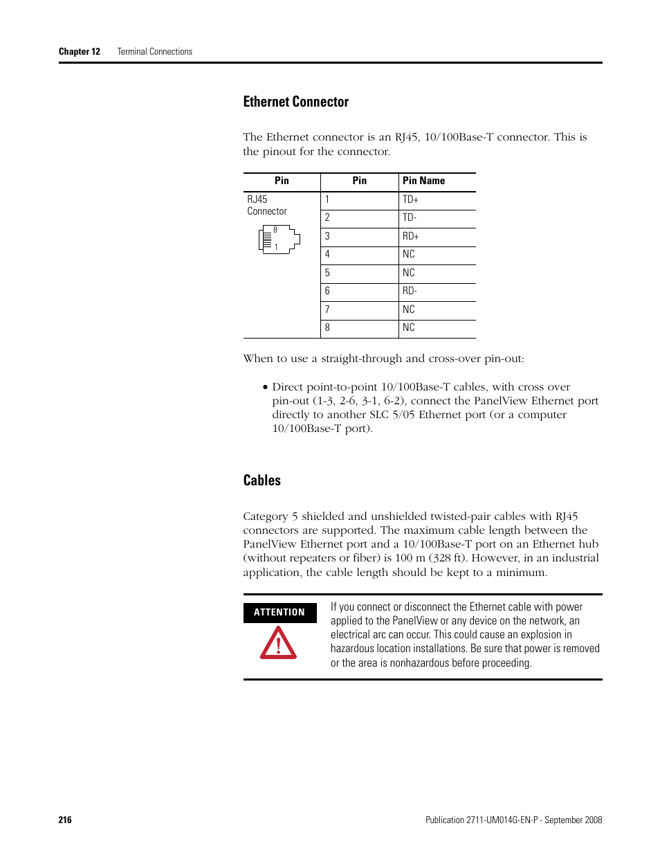 Ethernet connector cables, Ethernet connector, Cables | Rockwell Automation 2711 Standard PanelView Operator Terminal User Manual User Manual | Page 216 / 292