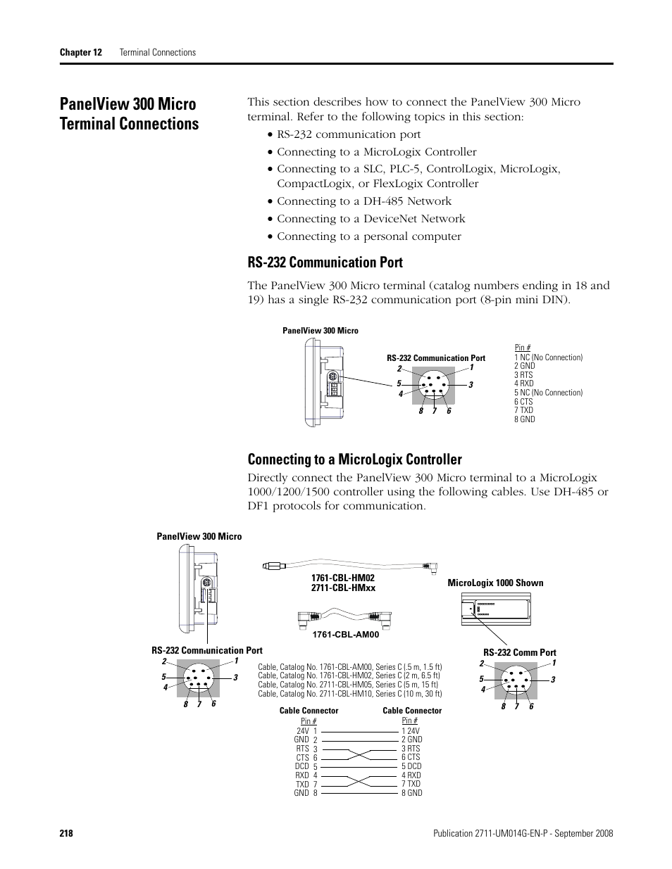 Panelview 300 micro terminal connections, Rs-232 communication port, Connecting to a micrologix controller | Rockwell Automation 2711 Standard PanelView Operator Terminal User Manual User Manual | Page 218 / 292