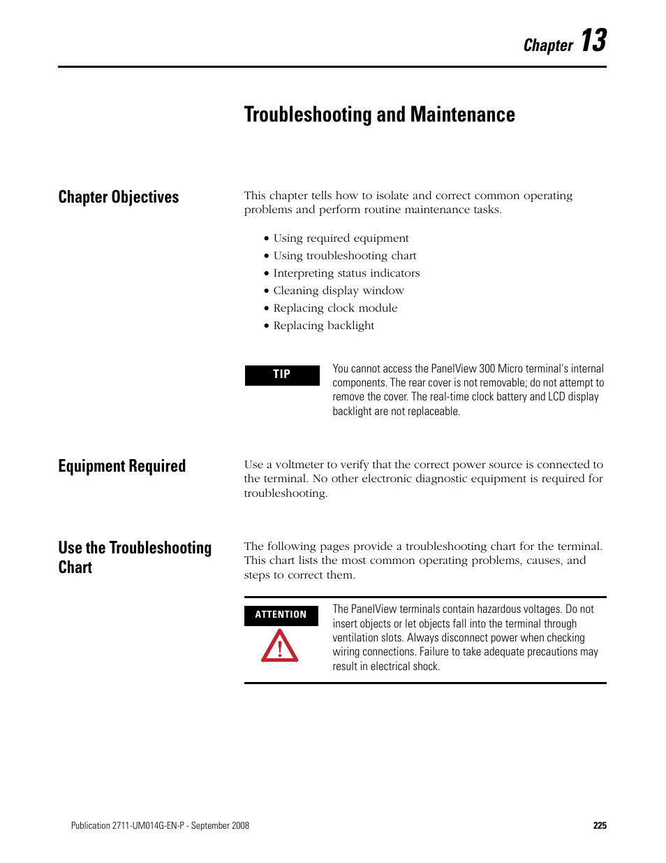 13 - troubleshooting and maintenance, Chapter objectives, Equipment required | Use the troubleshooting chart, Chapter 13, Troubleshooting and maintenance, Chapter | Rockwell Automation 2711 Standard PanelView Operator Terminal User Manual User Manual | Page 225 / 292