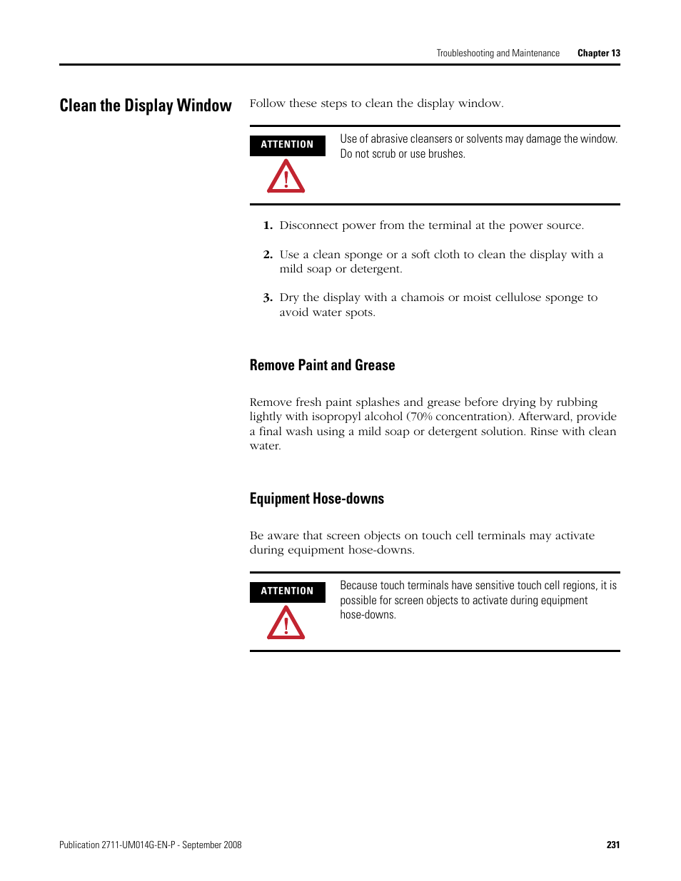 Clean the display window, Remove paint and grease equipment hose-downs, Remove paint and grease | Equipment hose-downs | Rockwell Automation 2711 Standard PanelView Operator Terminal User Manual User Manual | Page 231 / 292