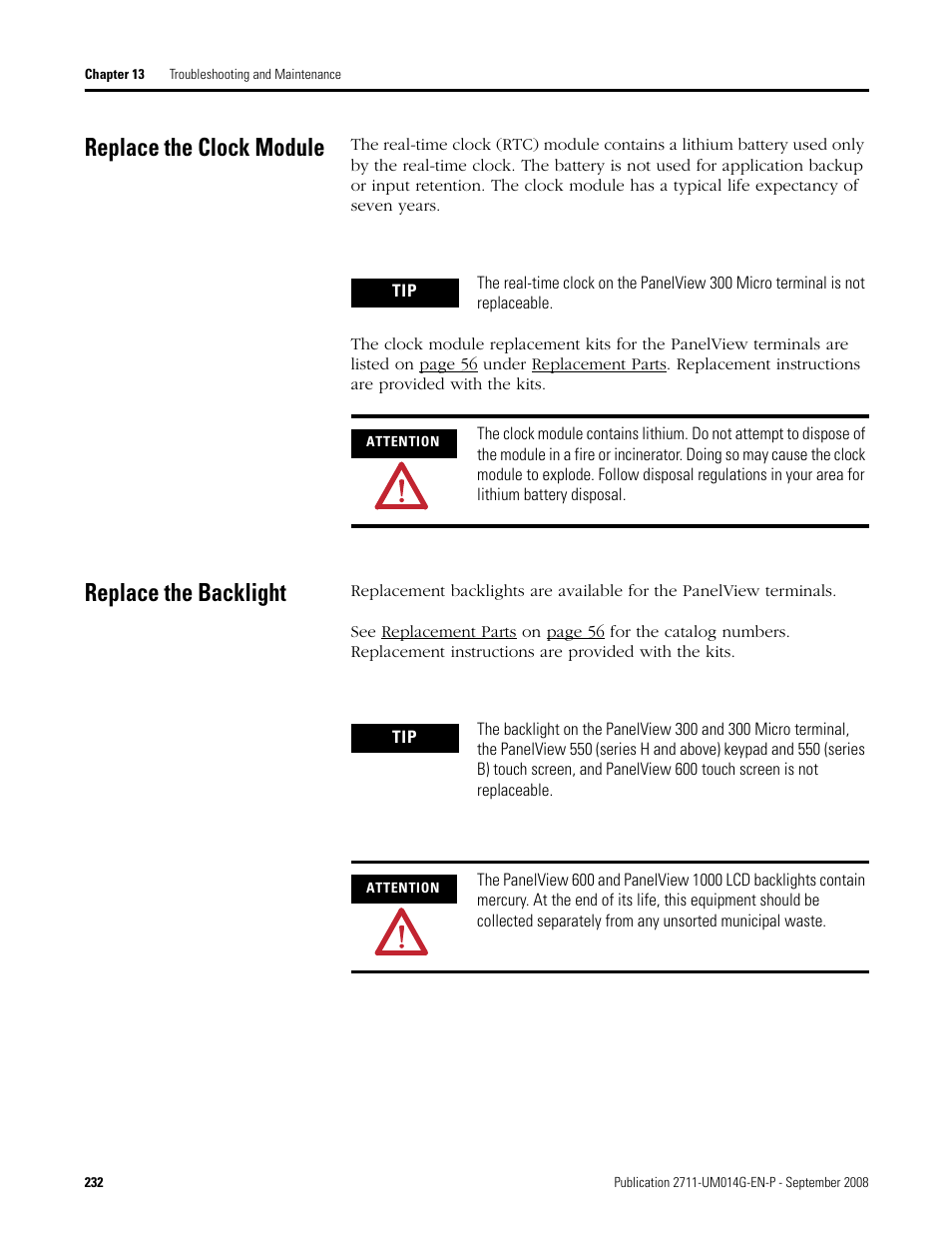 Replace the clock module, Replace the backlight, Replace the clock module replace the backlight | Rockwell Automation 2711 Standard PanelView Operator Terminal User Manual User Manual | Page 232 / 292