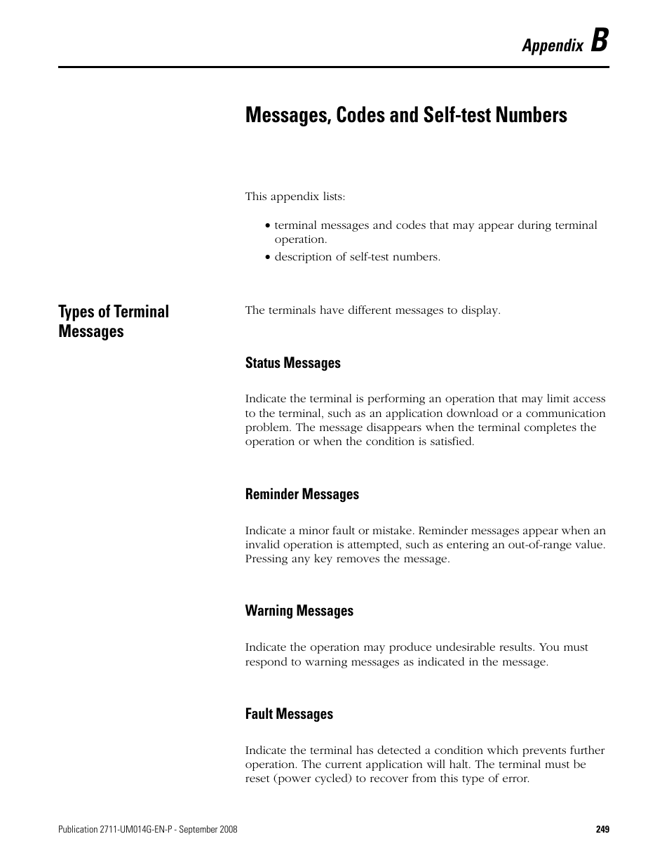 B - messages, codes and self-test numbers, Types of terminal messages, Appendix b | Messages, codes and self-test numbers, Appendix | Rockwell Automation 2711 Standard PanelView Operator Terminal User Manual User Manual | Page 249 / 292