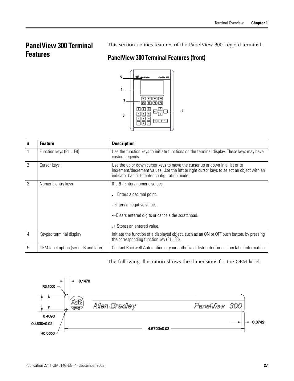 Panelview 300 terminal features, Panelview 300 terminal features (front) | Rockwell Automation 2711 Standard PanelView Operator Terminal User Manual User Manual | Page 27 / 292