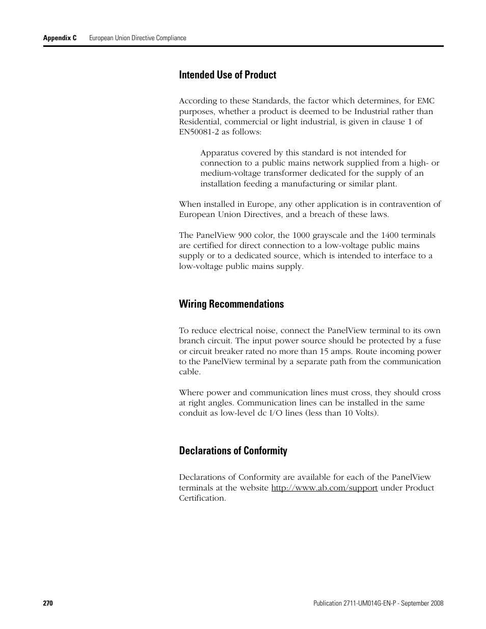 Intended use of product, Wiring recommendations, Declarations of conformity | Rockwell Automation 2711 Standard PanelView Operator Terminal User Manual User Manual | Page 270 / 292