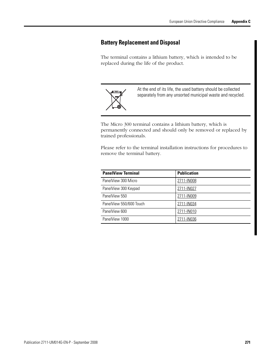 Battery replacement and disposal | Rockwell Automation 2711 Standard PanelView Operator Terminal User Manual User Manual | Page 271 / 292