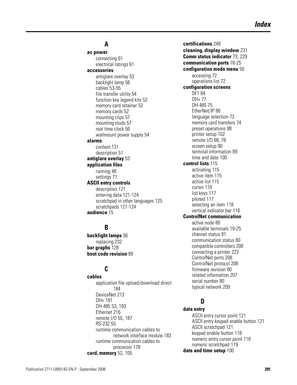 Index | Rockwell Automation 2711 Standard PanelView Operator Terminal User Manual User Manual | Page 281 / 292