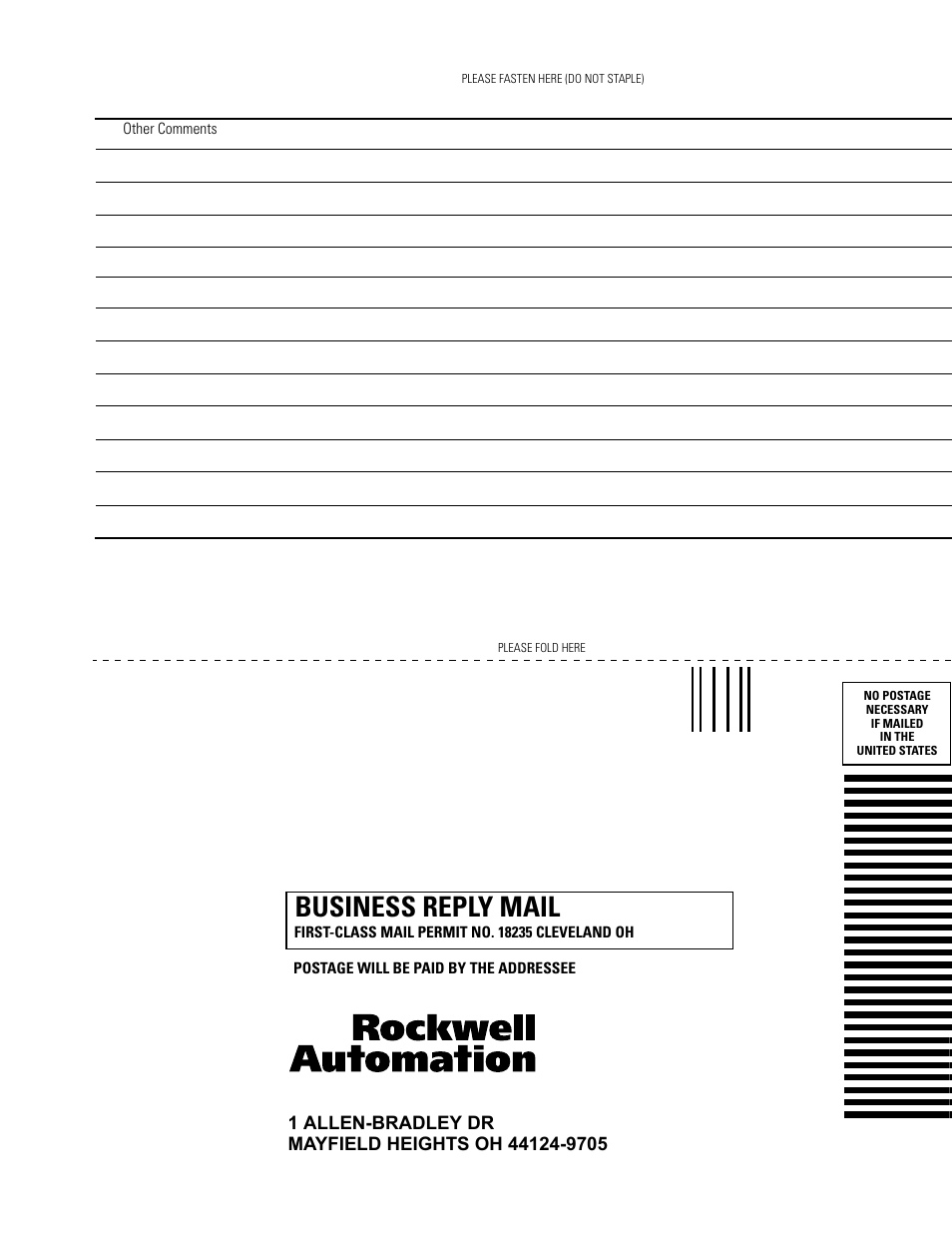 Business reply mail | Rockwell Automation 2711 Standard PanelView Operator Terminal User Manual User Manual | Page 289 / 292