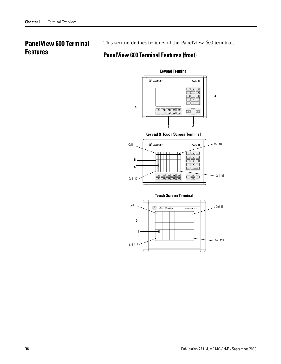 Panelview 600 terminal features, Panelview 600 terminal features (front) | Rockwell Automation 2711 Standard PanelView Operator Terminal User Manual User Manual | Page 34 / 292