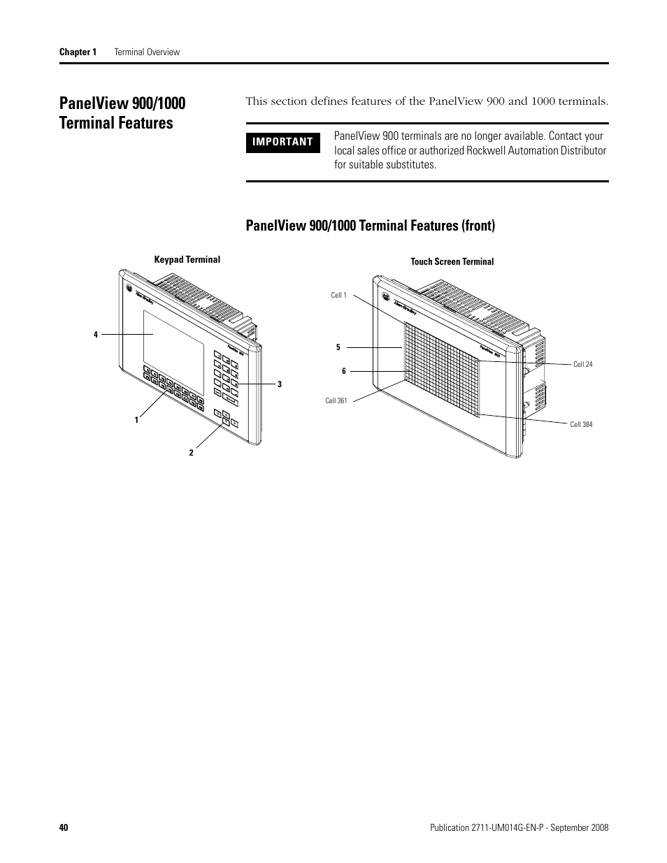 Panelview 900/1000 terminal features, Panelview 900/1000 terminal features (front) | Rockwell Automation 2711 Standard PanelView Operator Terminal User Manual User Manual | Page 40 / 292