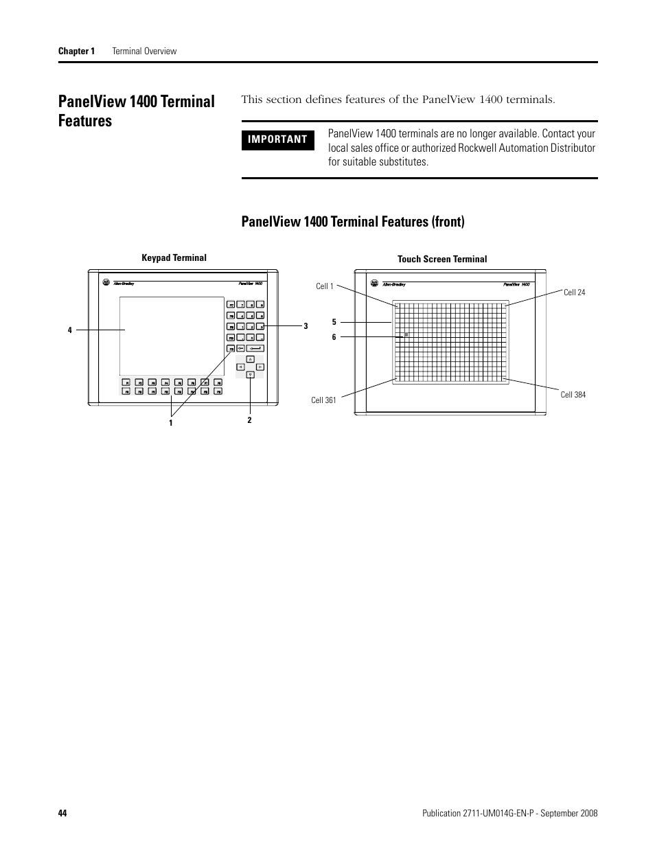 Panelview 1400 terminal features, Panelview 1400 terminal features (front) | Rockwell Automation 2711 Standard PanelView Operator Terminal User Manual User Manual | Page 44 / 292