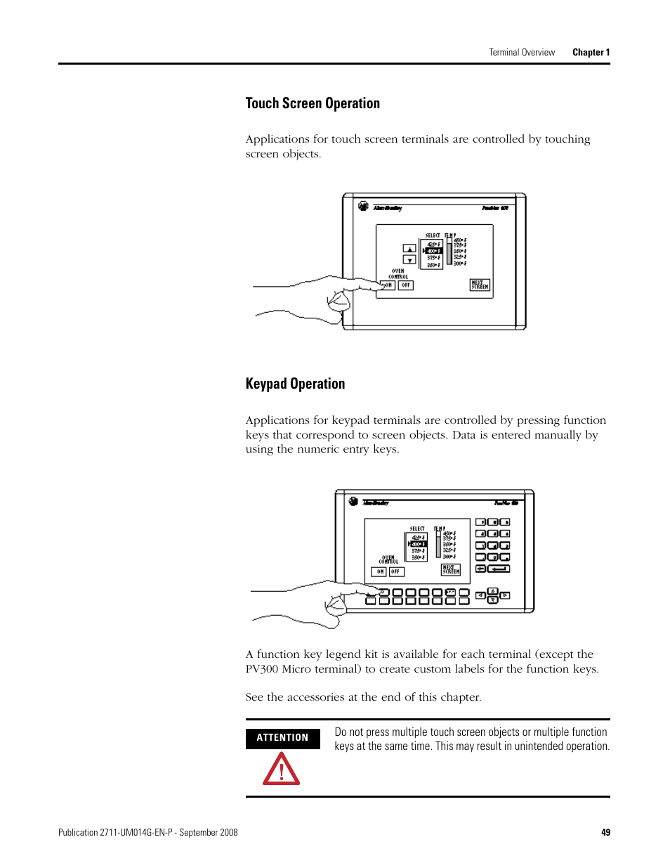 Touch screen operation keypad operation, Touch screen operation, Keypad operation | Rockwell Automation 2711 Standard PanelView Operator Terminal User Manual User Manual | Page 49 / 292