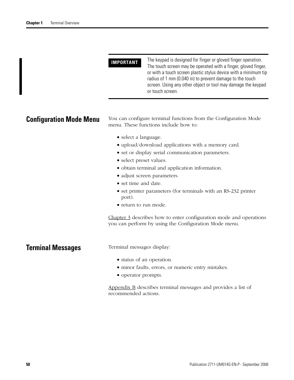 Configuration mode menu, Terminal messages, Configuration mode menu terminal messages | Rockwell Automation 2711 Standard PanelView Operator Terminal User Manual User Manual | Page 50 / 292