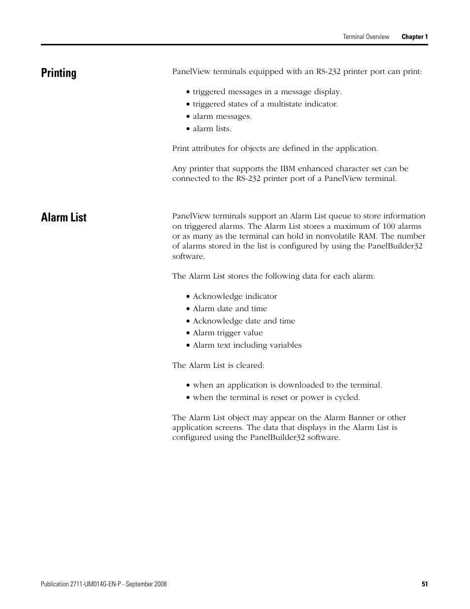 Printing, Alarm list, Printing alarm list | Rockwell Automation 2711 Standard PanelView Operator Terminal User Manual User Manual | Page 51 / 292