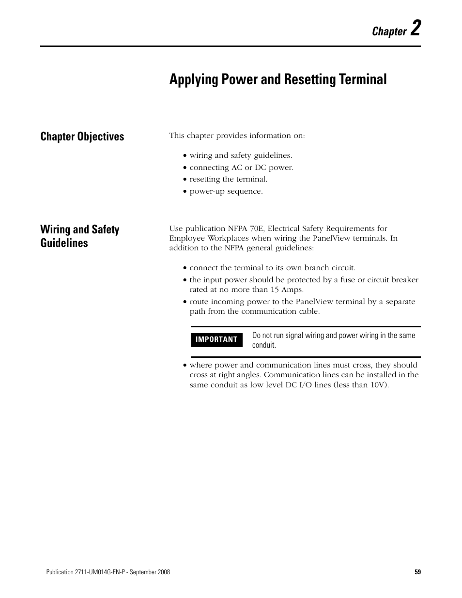 2 - applying power and resetting terminal, Chapter objectives, Wiring and safety guidelines | Chapter 2, Applying power and resetting terminal, Chapter objectives wiring and safety guidelines, Chapter | Rockwell Automation 2711 Standard PanelView Operator Terminal User Manual User Manual | Page 59 / 292