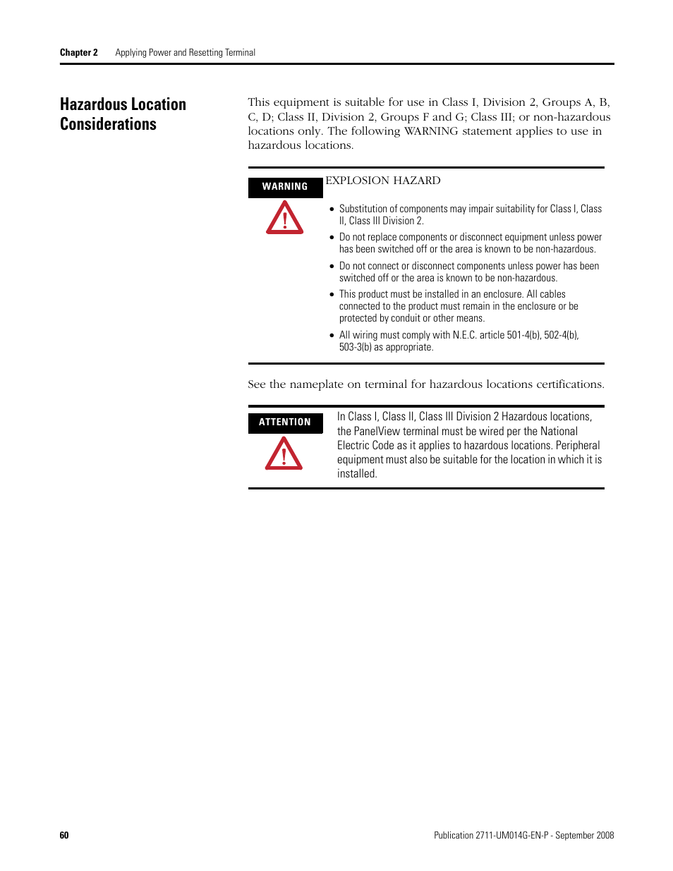 Hazardous location considerations | Rockwell Automation 2711 Standard PanelView Operator Terminal User Manual User Manual | Page 60 / 292