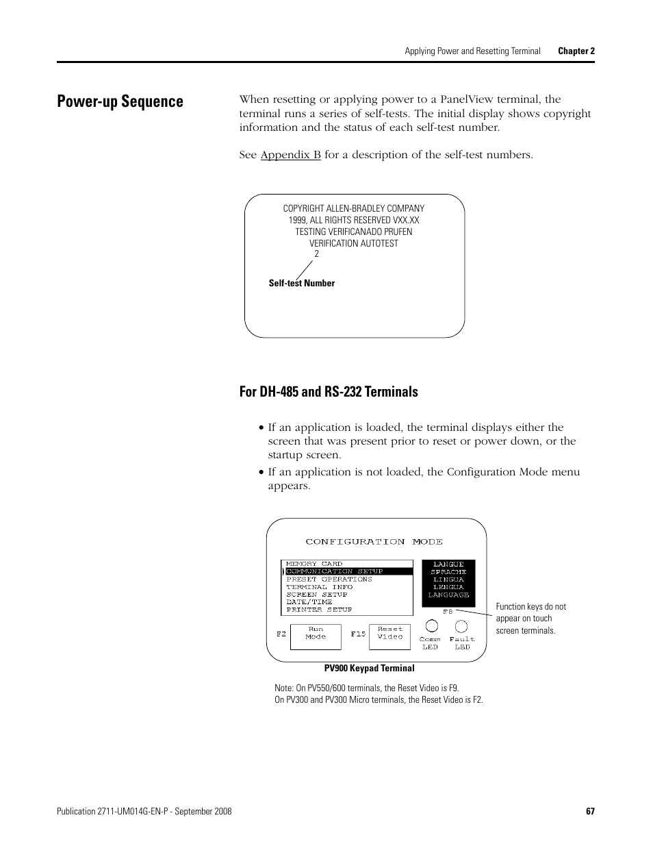 Power-up sequence, For dh-485 and rs-232 terminals | Rockwell Automation 2711 Standard PanelView Operator Terminal User Manual User Manual | Page 67 / 292