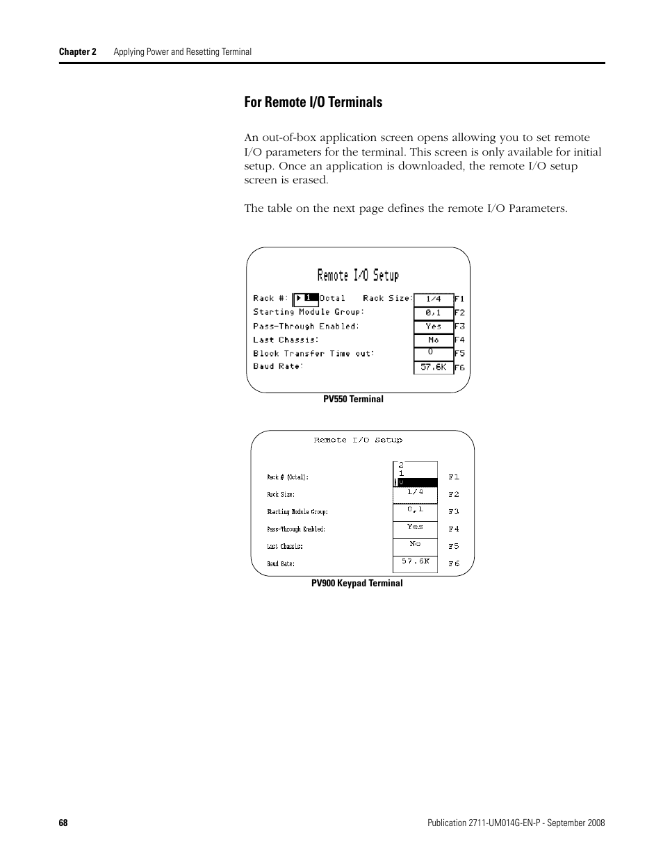 For remote i/o terminals | Rockwell Automation 2711 Standard PanelView Operator Terminal User Manual User Manual | Page 68 / 292
