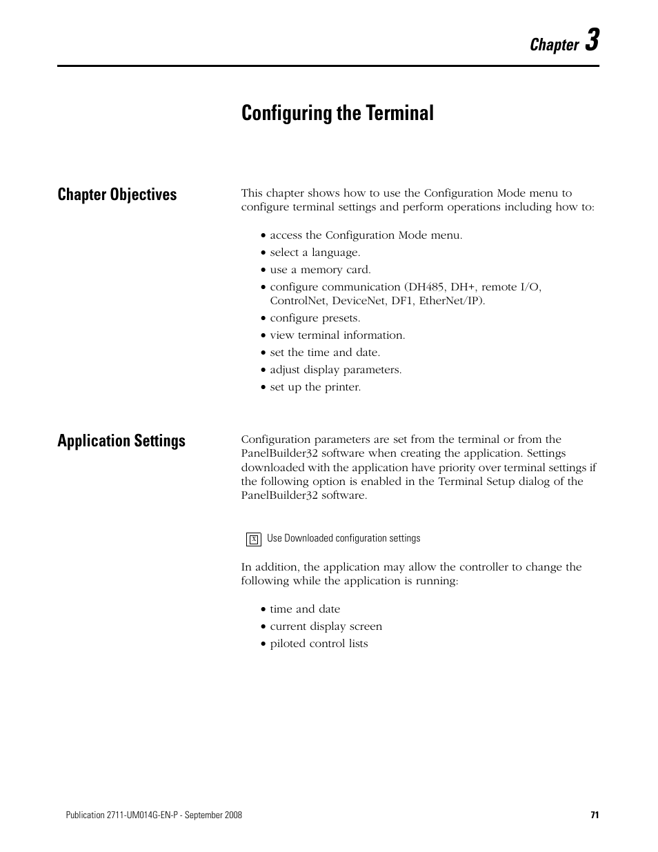 3 - configuring the terminal, Chapter objectives, Application settings | Chapter 3, Configuring the terminal, Chapter objectives application settings, Chapter | Rockwell Automation 2711 Standard PanelView Operator Terminal User Manual User Manual | Page 71 / 292