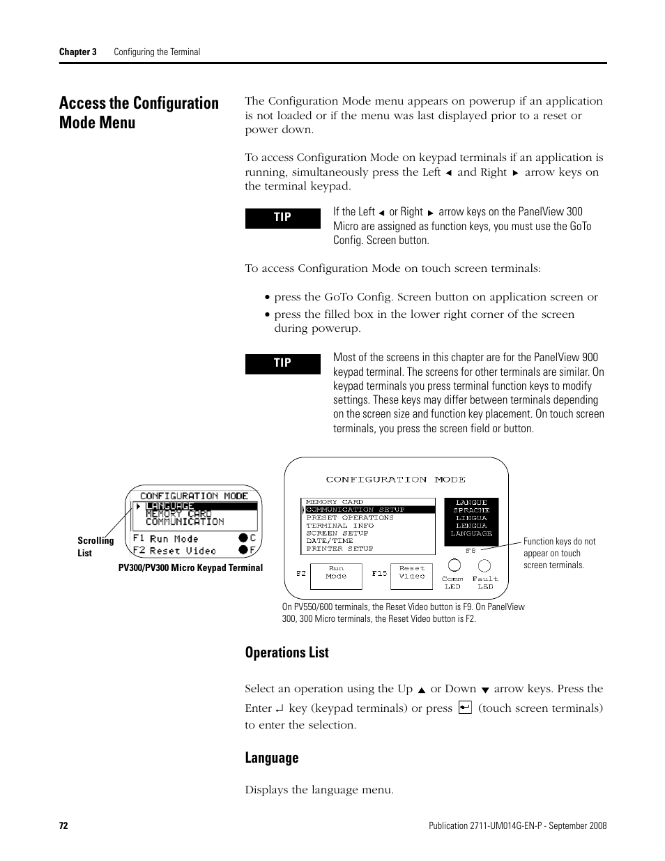 Access the configuration mode menu, Operations list language, Operations list | Language | Rockwell Automation 2711 Standard PanelView Operator Terminal User Manual User Manual | Page 72 / 292