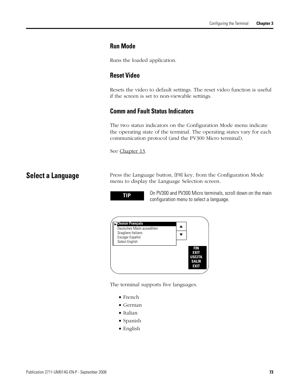 Select a language, Run mode, Reset video | Comm and fault status indicators | Rockwell Automation 2711 Standard PanelView Operator Terminal User Manual User Manual | Page 73 / 292