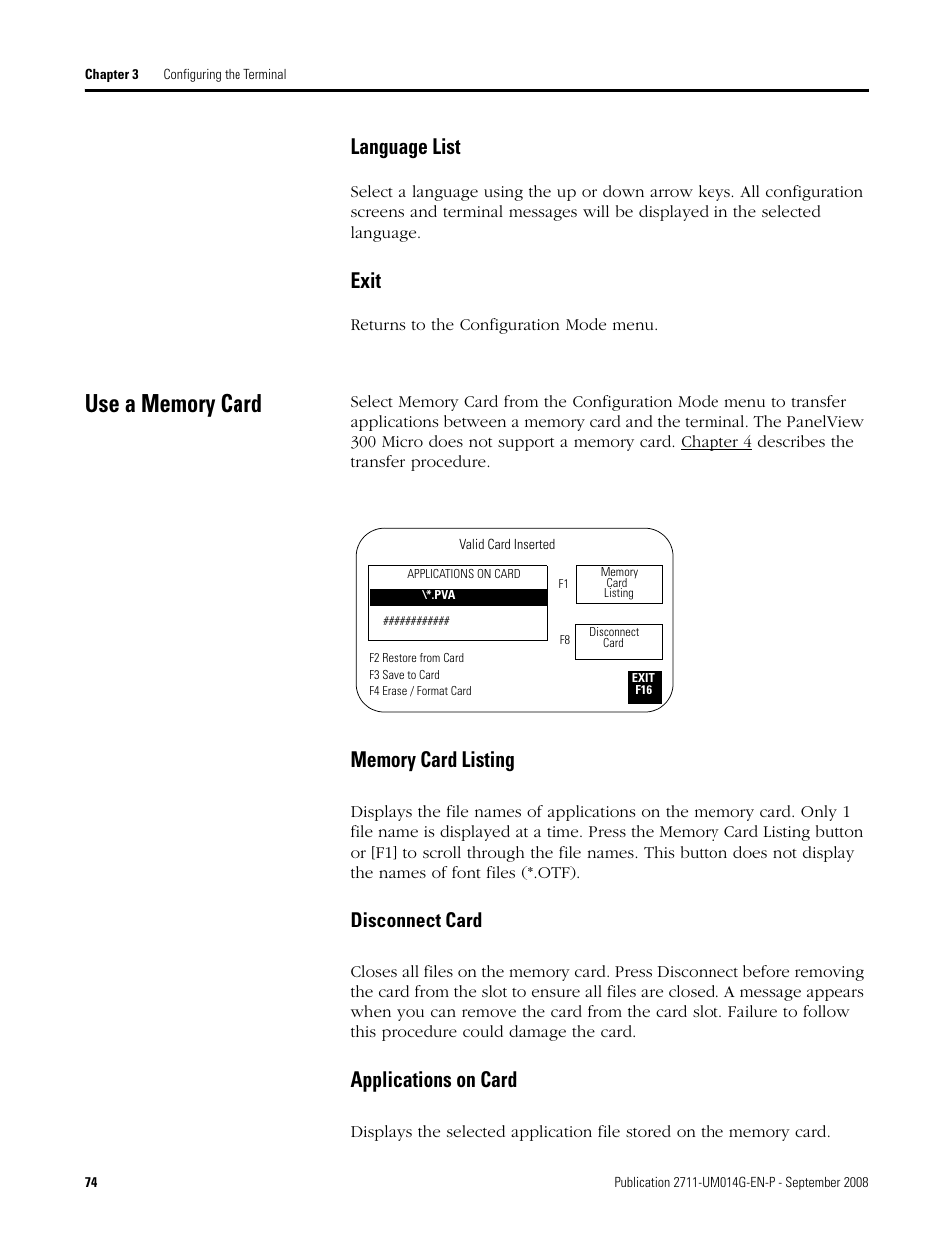 Use a memory card, Language list exit, Language list | Exit, Disconnect card, Applications on card | Rockwell Automation 2711 Standard PanelView Operator Terminal User Manual User Manual | Page 74 / 292