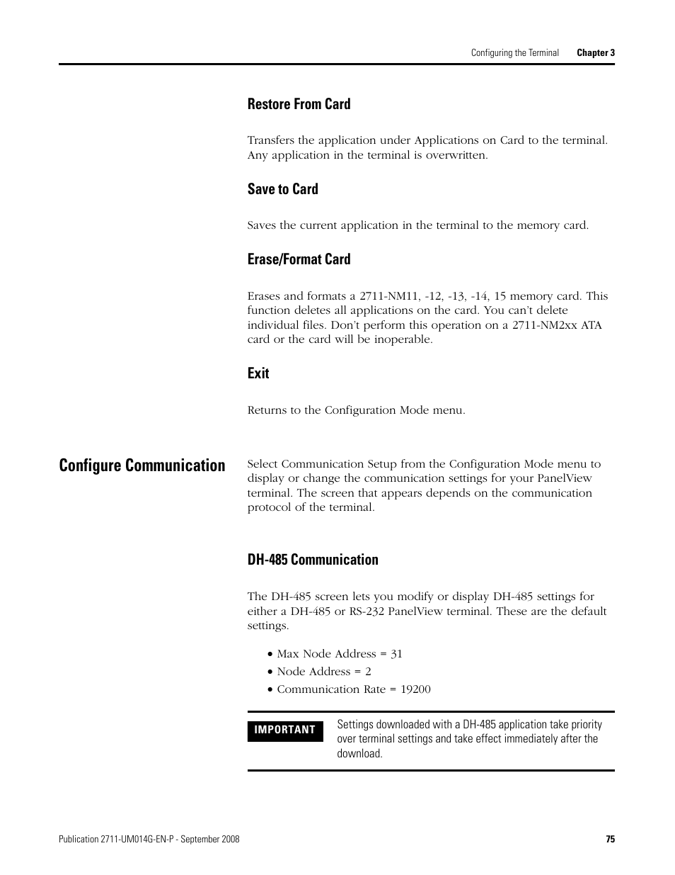 Configure communication, Dh-485 communication | Rockwell Automation 2711 Standard PanelView Operator Terminal User Manual User Manual | Page 75 / 292