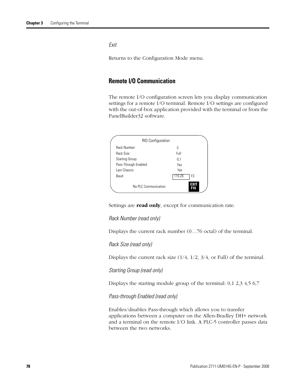 Remote i/o communication | Rockwell Automation 2711 Standard PanelView Operator Terminal User Manual User Manual | Page 78 / 292