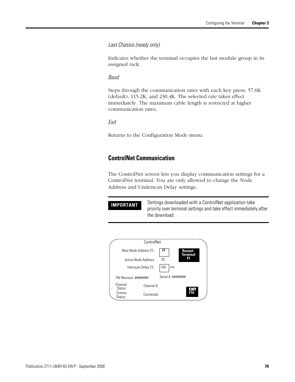 Controlnet communication, Last chassis (ready only), Baud | Exit | Rockwell Automation 2711 Standard PanelView Operator Terminal User Manual User Manual | Page 79 / 292