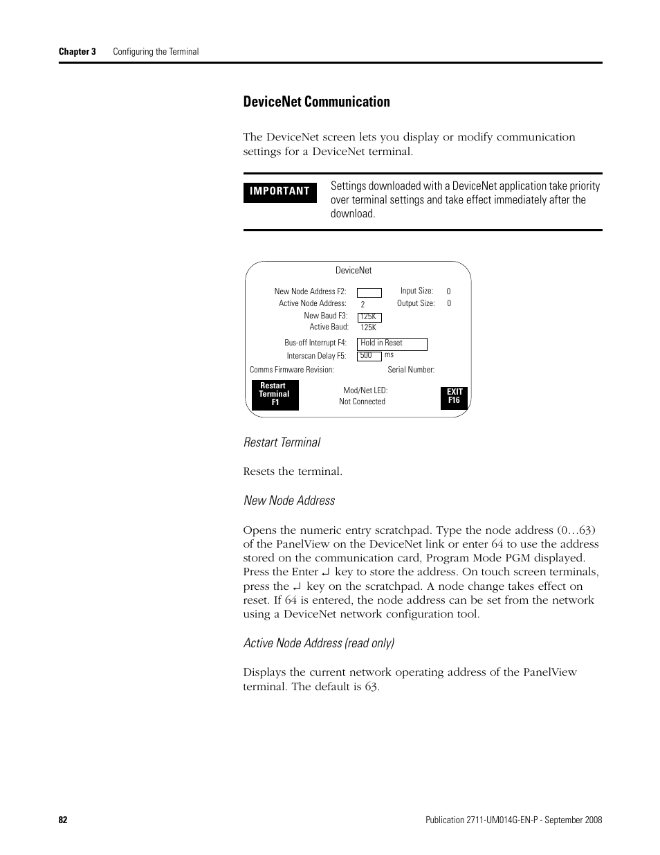 Devicenet communication, Restart terminal, New node address | Active node address (read only) | Rockwell Automation 2711 Standard PanelView Operator Terminal User Manual User Manual | Page 82 / 292