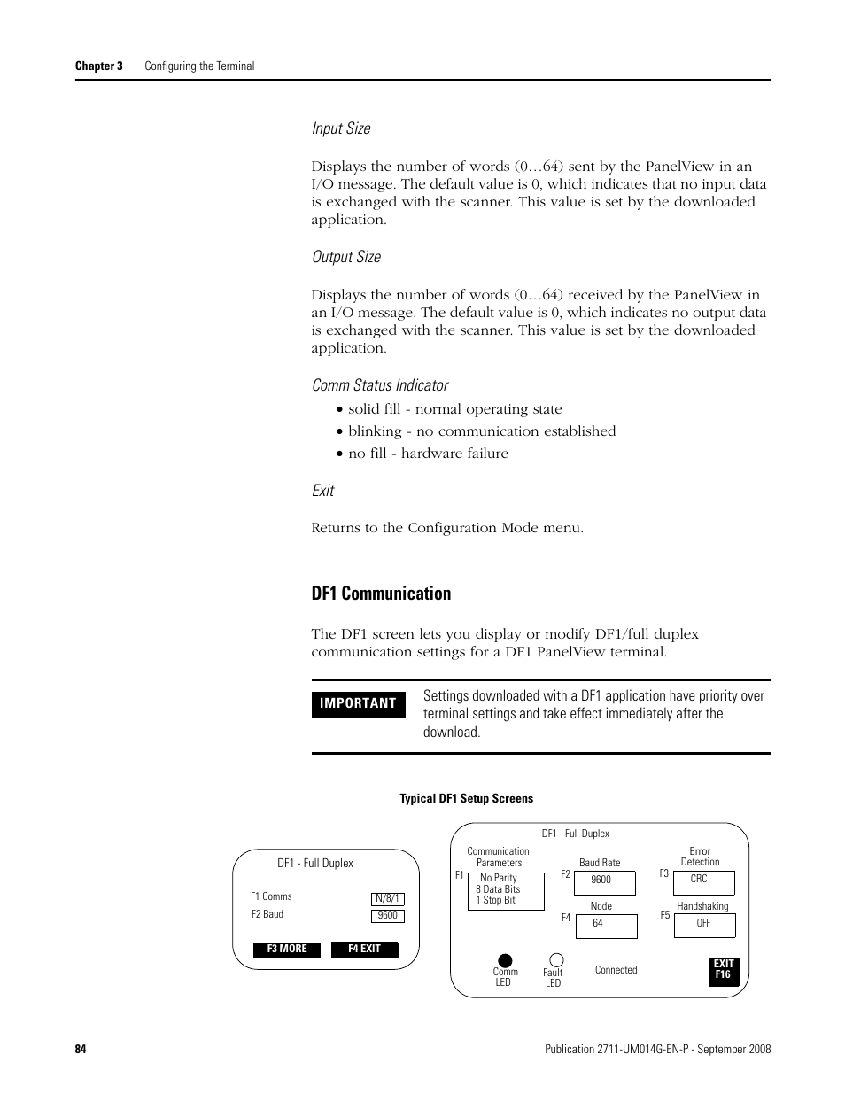 Df1 communication, Input size, Output size | Comm status indicator, Exit | Rockwell Automation 2711 Standard PanelView Operator Terminal User Manual User Manual | Page 84 / 292