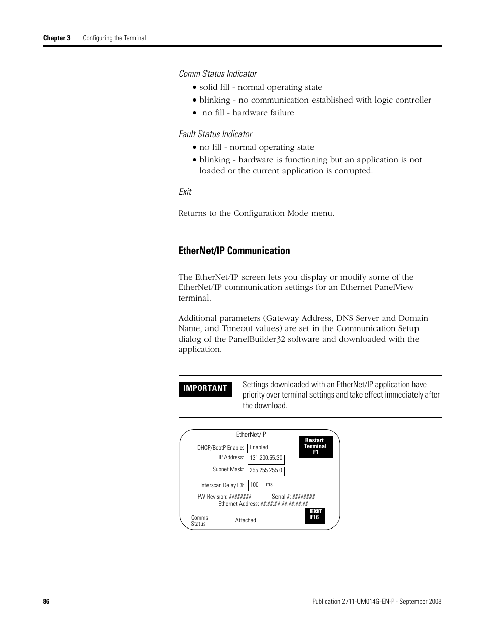 Ethernet/ip communication, Comm status indicator, Fault status indicator | Exit | Rockwell Automation 2711 Standard PanelView Operator Terminal User Manual User Manual | Page 86 / 292