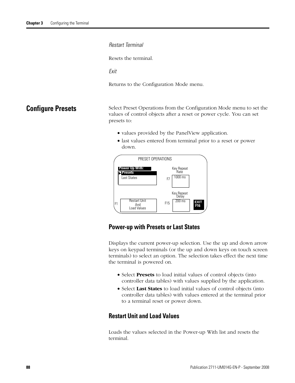 Configure presets, Power-up with presets or last states, Restart unit and load values | Rockwell Automation 2711 Standard PanelView Operator Terminal User Manual User Manual | Page 88 / 292