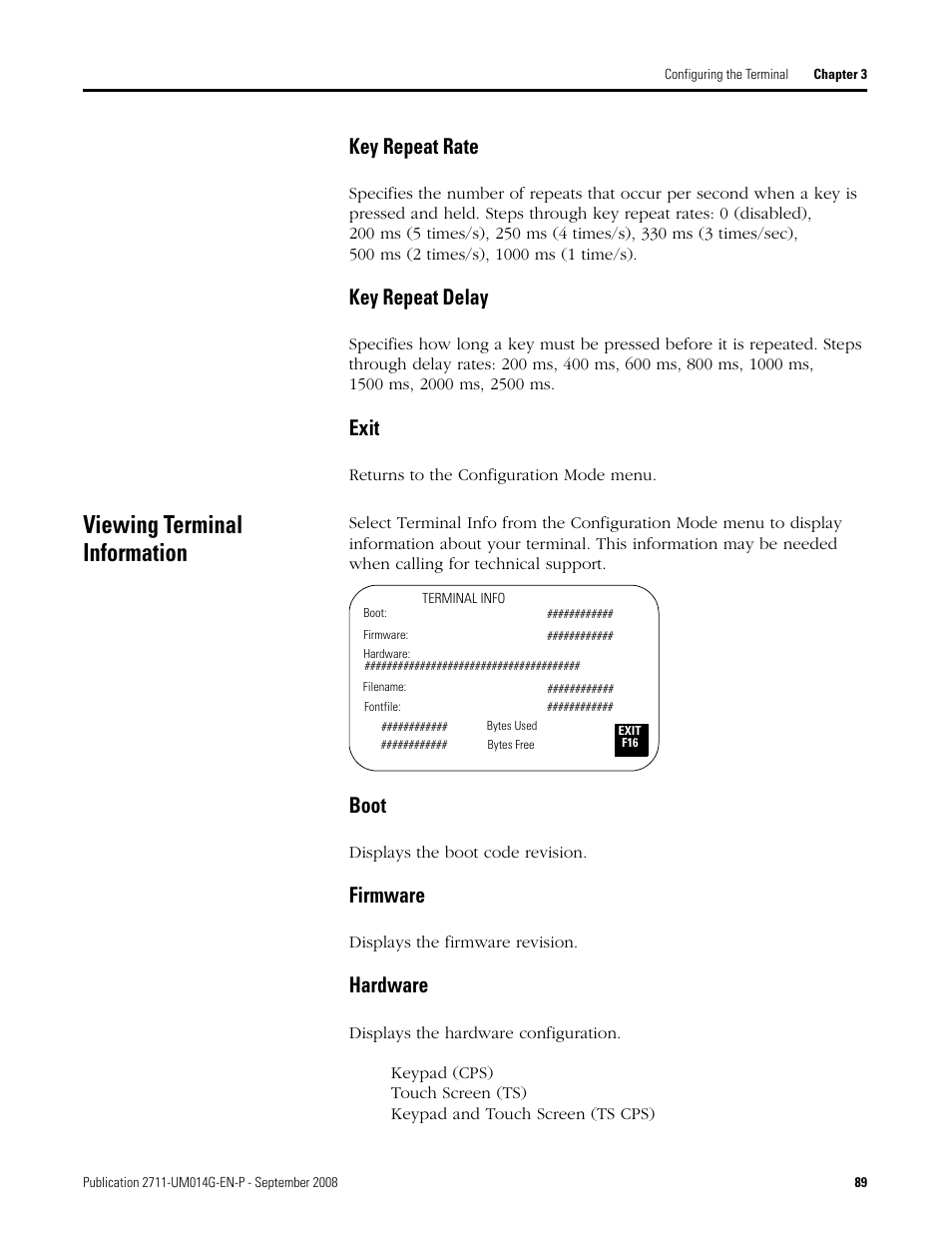 Viewing terminal information, Key repeat rate key repeat delay exit, Boot firmware hardware | Key repeat rate, Key repeat delay, Exit, Boot, Firmware, Hardware | Rockwell Automation 2711 Standard PanelView Operator Terminal User Manual User Manual | Page 89 / 292