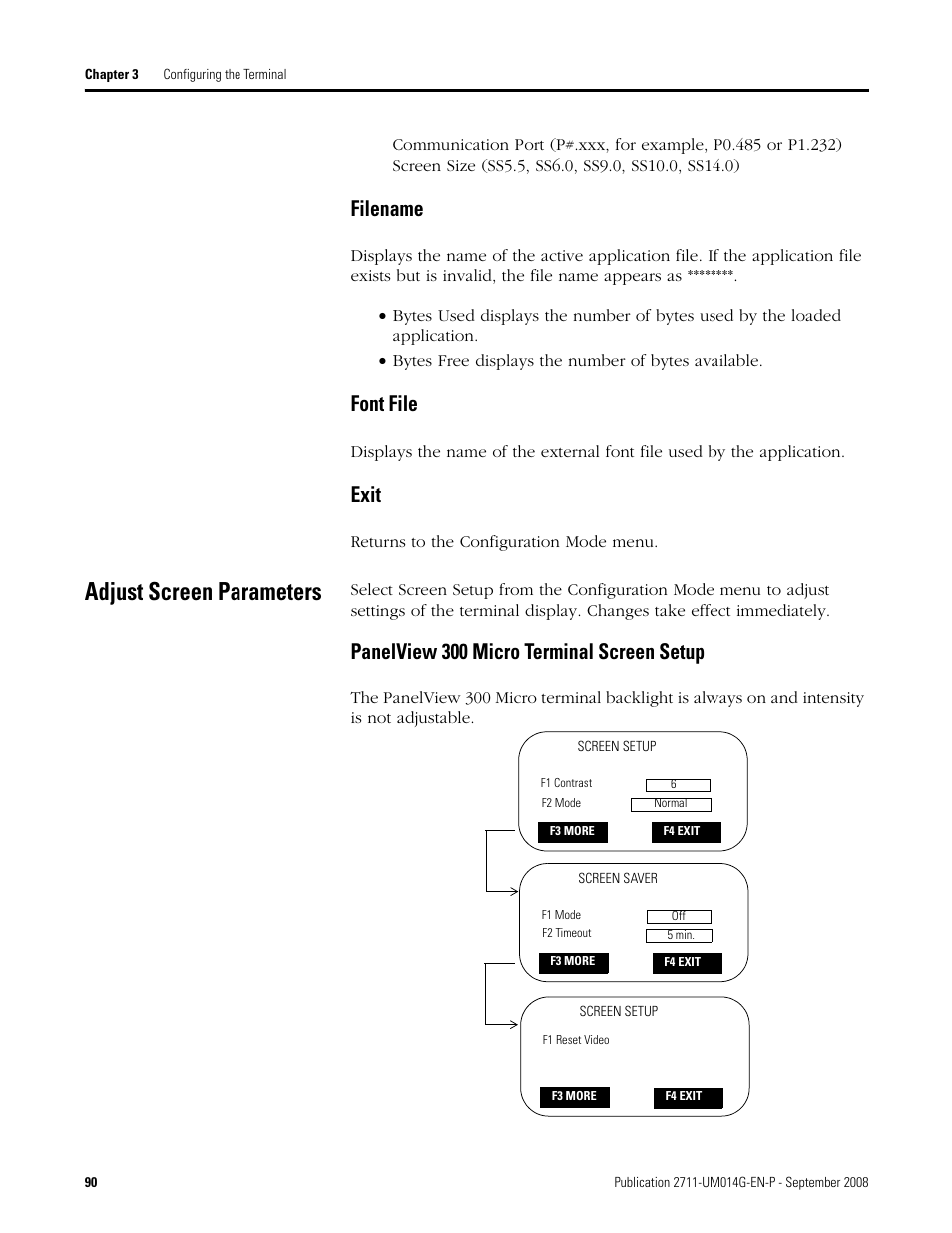 Adjust screen parameters, Filename font file exit, Panelview 300 micro terminal screen setup | Filename, Font file, Exit | Rockwell Automation 2711 Standard PanelView Operator Terminal User Manual User Manual | Page 90 / 292